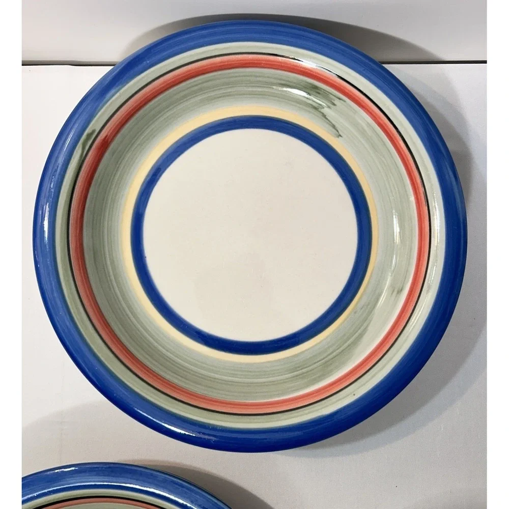 Vtg Gibson Rainbow Striped Hand Painted Rim Ceramic Dinner Plate 10.5in Set Of 6